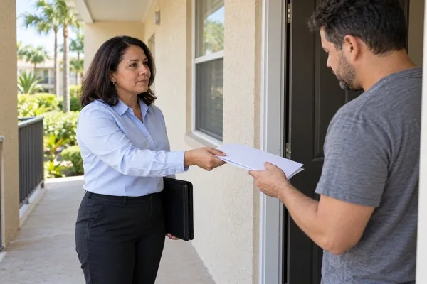 Process server handing legal documents to a resident at an apartment doorway.